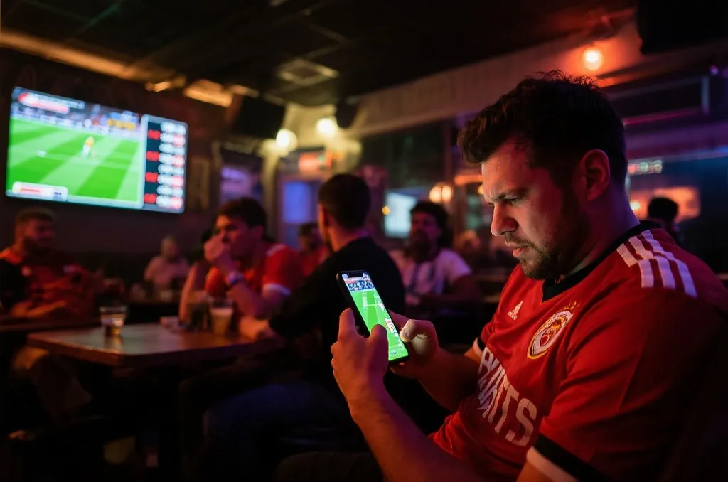 酒吧内球迷用手机查看赔率与比赛画面